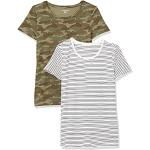Amazon Essentials T-Shirt Girocollo a Maniche Corte con Vestibilità Classica Donna, Pacco da 2, Bianco Righe/Verde Oliva Mimetica, XS