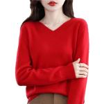 Pullover casual rossi L di lana merino tinta unita con scollo a V per l'autunno manica lunga per Donna 