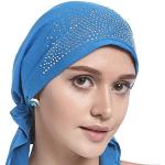 Bandana da donna plissettata, con elastico e strass, foulard in stile etnico, per persone che si sottopongono a chemioterapia o che soffrono di alopecia, Blu lago, Taglia unica