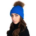 Cappello in lana bluette con pompon in pelliccia naturale