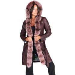 Cappotto in pelle naturale bordeaux con cappuccio bordato pelliccia D'Arienzo, Seleziona Taglia S, Colore Vinaccio