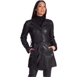 Cappotto in pelle nera con cintura nappa effetto liscio