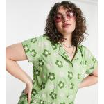 Camicie scontate verdi taglie comode in viscosa a fiori mezza manica con manica corta 