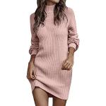 Abiti eleganti rosa chiaro XL taglie comode di lana con strass a collo alto per l'autunno per Natale al ginocchio manica lunga da sera per Donna 
