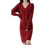 Mini abiti eleganti rossi XXL di lana merino con scollo a V lavabili in lavatrice mini manica lunga per Donna 