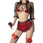 Temptshow Grembiule in pizzo per cameriera francese Cosplay lingerie pizzo giapponese anime cameriera maglia prospettiva pigiama (nero rosso)