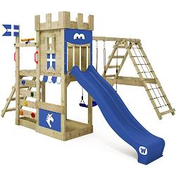 Gioco da giardino a forma di castello WICKEY DragonFlyer con altalena e scivolo blu, struttura da esterno per bambini con sabbiera, scaletta e accessori da gioco