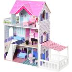 HOMCOM Casa delle Bambole in Legno per Bambini 3+ Anni con 12 Accessori, Tre Piani, Cortile e Arredamento, Rosa