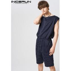 INCERUN Summer Men Sleeveless Stripe Jumpsuits Zipper Shorts Tuta