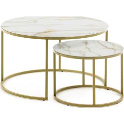 Kave Home - Set Leonor di 2 tavolini ad incastro in vetro bianco e acciaio finitura oro Ø 80 / Ø 50 cm