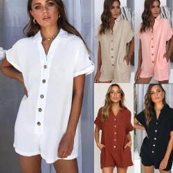 Ladies Fashion Single-breasted Shirt Button Jumpsuit