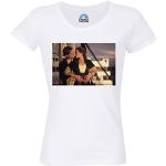 Maglietta da donna con scollo rotondo in cotone biologico, motivo: Titanic Leonardo Di Caprio Kate Winslet Kiss Scene, bianco, L