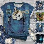 Magliette & T-shirt casual blu 3 XL taglie comode con scollo a V a tema gatti mezza manica con animali per Donna 