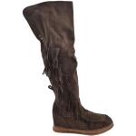 Malu Shoes Stivali donna indianini marrone scamosciati alti sopra al ginocchio frange zeppa interna 5cm cinturino fibbia stemma (40 EU)
