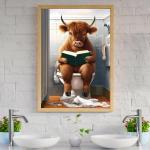 Poster artistico per bagno con mucca delle Highland, stampa di mucca scozzese su WC, interessante immagine stravagante da parete per il bagno dei bambini