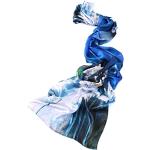 prettystern Donna Lungo Scialli Foulard Stola Elegante per Cerimonia Raso Di Seta Da Sera Coprispalle Stampa fiori Water Lily Pond Bianco Blu Z08