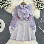 Mini abiti eleganti viola XXL taglie comode di tweed patchwork mini per Donna 