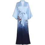 PRODESIGN Kimono - Vestaglia da donna lunga con stampa floreale floreale, in raso, elegante biancheria da notte, Blu, Taglia unica