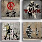Quadri astratti moderni multicolore in legno di abete a tema pace Banksy 