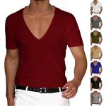 Magliette & T-shirt eleganti rosse tinta unita con scollo a V lavaggio a mano mezza manica con scollo a V per Uomo 