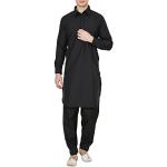 Royal Men's Neck Embroidery Blended Casual Pathani Suit Salwar- Black