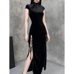 SARGE Goth Dark Romantic Gothic Velluto Estetico Abiti Vintage Donna Nero Fasciatura SlitHem Vestito Aderente Abiti da Sera Sexy Cheongsam