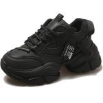 Sneakers larghezza E casual nere in similpelle con stringhe platform per Donna 