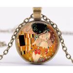 The Kiss Gustav Klimt Necklace Bronze Plated Glass Dome Alloy Pendant Necklace