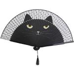 Tinksky - Ventaglio pieghevole estivo, motivo: gatto, in bambù satinato, dipinto a mano, colore: nero