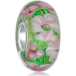Vetro di Murano .925 Sterling Silver Core Floreale Verde Rosa Tropicale Fiore Distanziatore Charm Perla Si adatta Al braccialetto europeo per le donne Adolescenti