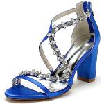 Sandali gioiello eleganti blu numero 38 taglie comode di gomma con strass con punta aperta con cerniera per damigelle per Donna 